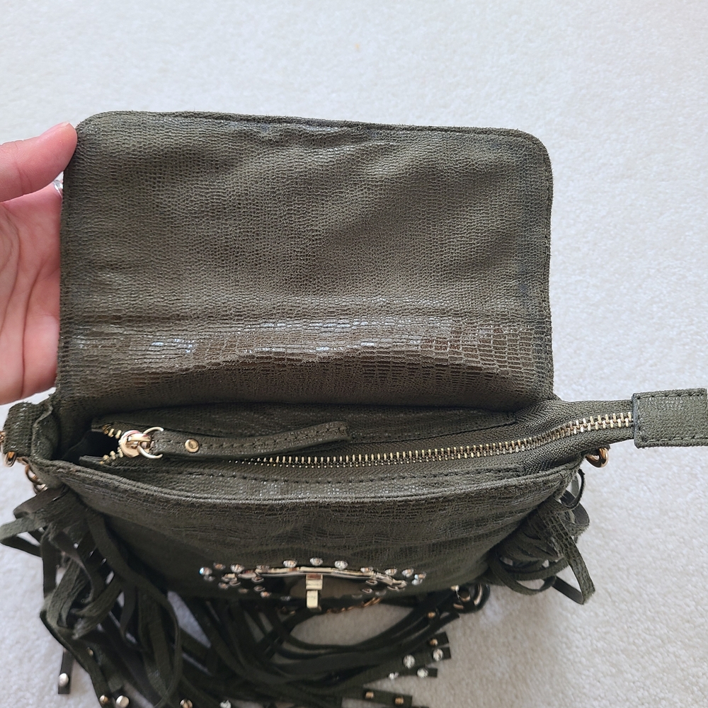 LIKE NEW CACHE Olive Green Faux Suede Crossbody with Studded Gem Detail & Fringe - Picture 6 of 10